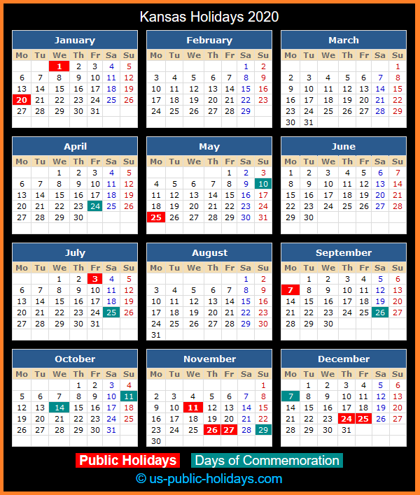 Kansas Holiday Calendar 2020